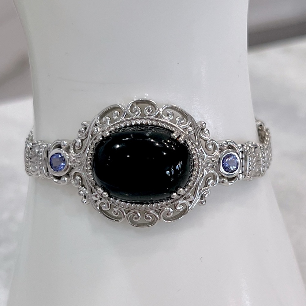Black Jade and Tanzanite Toggle Clasp Sterling Silver Bracelet - Picture 2 of 15